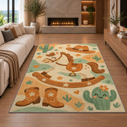 Little cowboy nursery rug in a living room with a fireplace