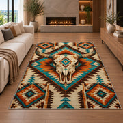 Longhorn Aztec rug in a living room with a fireplace