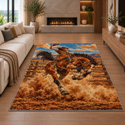 Rodeo bronc rider rug in a living room with a fireplace