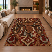 Tooled saddle rug in a living room with a fireplace