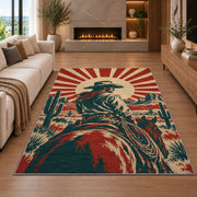 Vintage cowboy poster rug in a living room with a fireplace