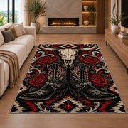 Western gothic boots rug in a living room with a fireplace