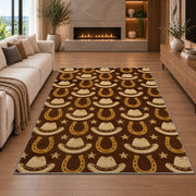 Hats and horseshoes rug in a living room with a fireplace