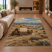 Covered wagon prairie rug in a living room with a fireplace