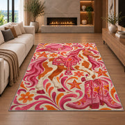 Pink cowgirl rug in a living room with a fireplace