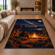 Cowboy campfire rug in a living room with a fireplace