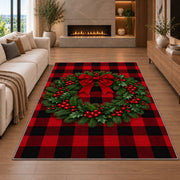 Buffalo Plaid Christmas Wreath rug in a living room with a fireplace