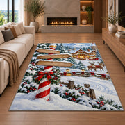 North Pole Signpost rug in a living room with a fireplace