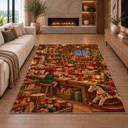 Santa's Workshop Elves rug in a living room with a fireplace