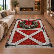 Red Barn Door Christmas Wreath rug in a living room with a fireplace
