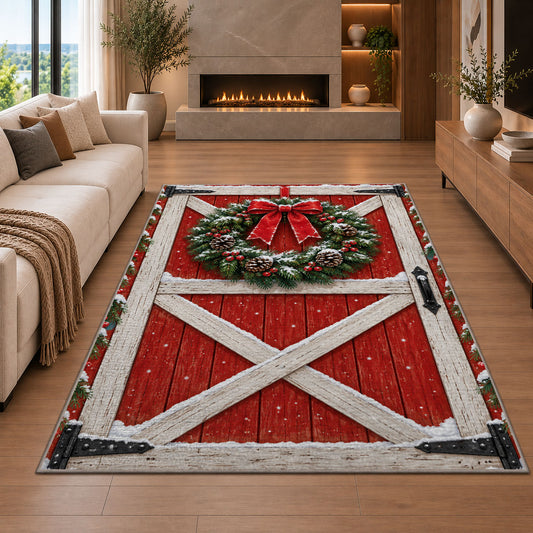 Red Barn Door Christmas Wreath rug in a living room with a fireplace