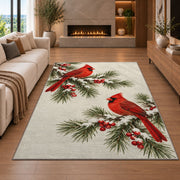 Winter Cardinals on Pine rug in a living room with a fireplace