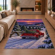 Christmas Tree Farm Red Truck rug in a living room with a fireplace