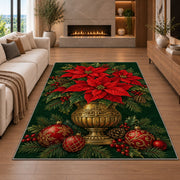 Poinsettia Brass Pot rug in a living room with a fireplace