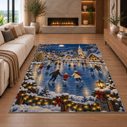 Village Ice Skating Night rug in a living room with a fireplace