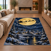 Santa Sleigh Full Moon rug in a living room with a fireplace