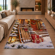 Wooden Sled Snowy Porch rug in a living room with a fireplace