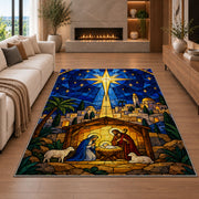 Bethlehem Star Stained Glass rug in a living room with a fireplace