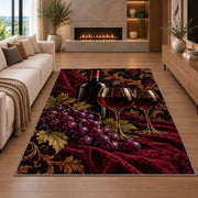 red wine and grapes rug in a living room with a fireplace