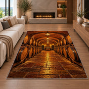 wine cellar barrels rug in a living room with a fireplace