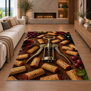 corkscrew and wine corks rug in a living room with a fireplace