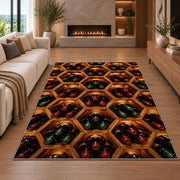 honeycomb wine rack rug in a living room with a fireplace