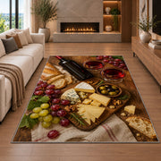 wine and cheese board rug in a living room with a fireplace