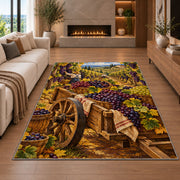 grape harvest rug in a living room with a fireplace