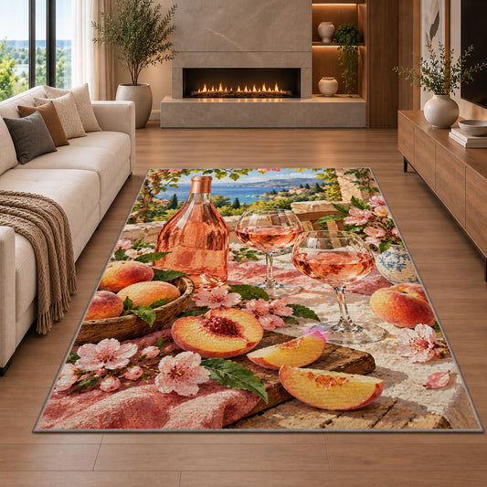 rose wine summer rug in a living room with a fireplace