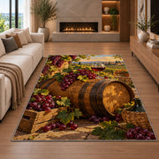 oak wine barrel rug in a living room with a fireplace
