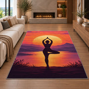 tree pose yoga sunset rug in a living room with a fireplace