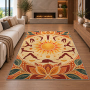 sun salutation yoga rug in a living room with a fireplace