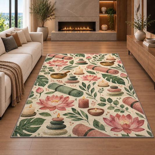 yoga essentials pattern rug in a living room with a fireplace