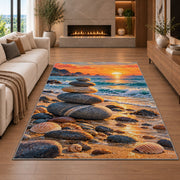balanced stones beach rug in a living room with a fireplace