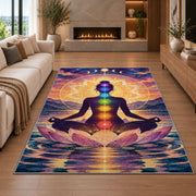 chakra meditation rug in a living room with a fireplace