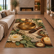 singing bowl meditation rug in a living room with a fireplace