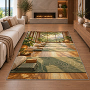 yoga studio rug in a living room with a fireplace