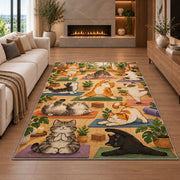 cats doing yoga rug in a living room with a fireplace