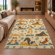dogs doing yoga rug in a living room with a fireplace