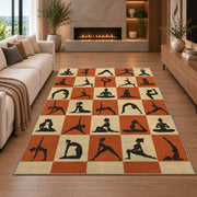 yoga poses checkered rug in a living room with a fireplace