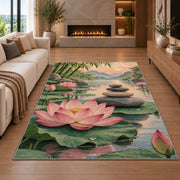 zen stones and lotus rug in a living room with a fireplace