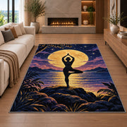 moonlight tree pose rug in a living room with a fireplace