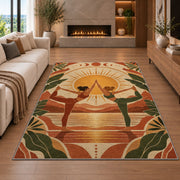 partner yoga boho rug in a living room with a fireplace