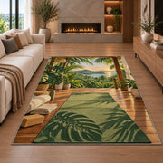 tropical yoga deck rug in a living room with a fireplace