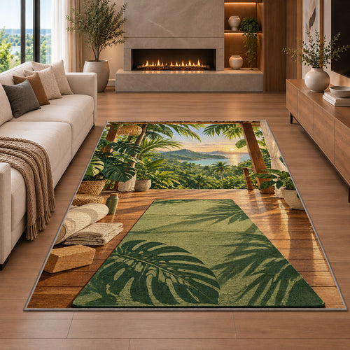 tropical yoga deck rug in a living room with a fireplace