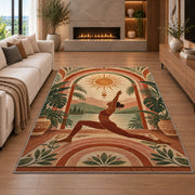 boho arch yoga rug in a living room with a fireplace
