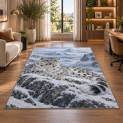 Snow Leopard Mountain Rug in a living room with a desk and large windows