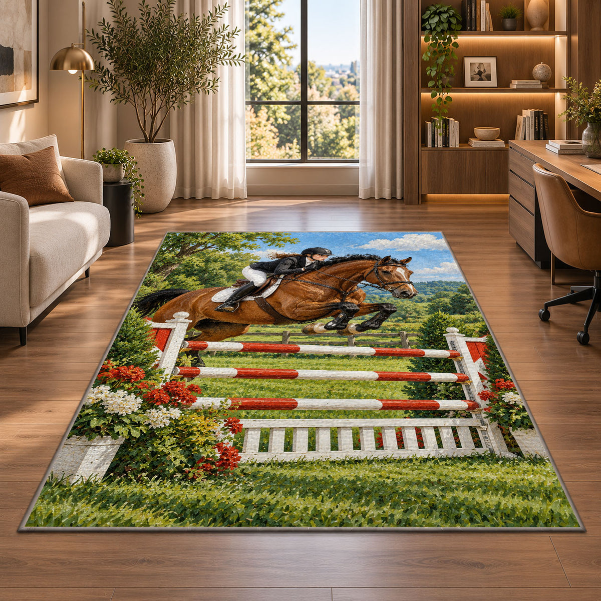 Show Jumping Horse Rug in a living room with a desk and large windows