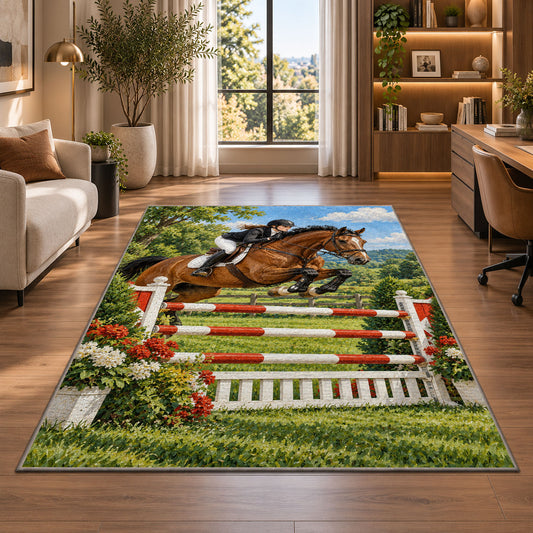 Show Jumping Horse Rug in a living room with a desk and large windows
