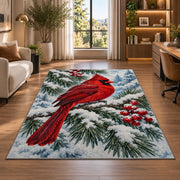 Cardinal on Snowy Branch Rug in a living room with a desk and large windows